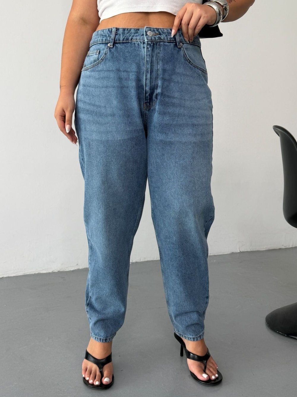 Kadın Büyük Beden Yüksek Bel Mom Slouchy Rahat Kesim Jean Pantolon