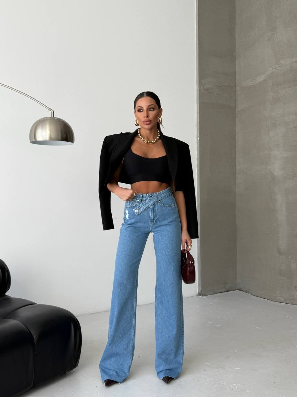 Kadın Çapraz Bel Detaylı Yüksek Bel Wide Leg Jean Pantolon
