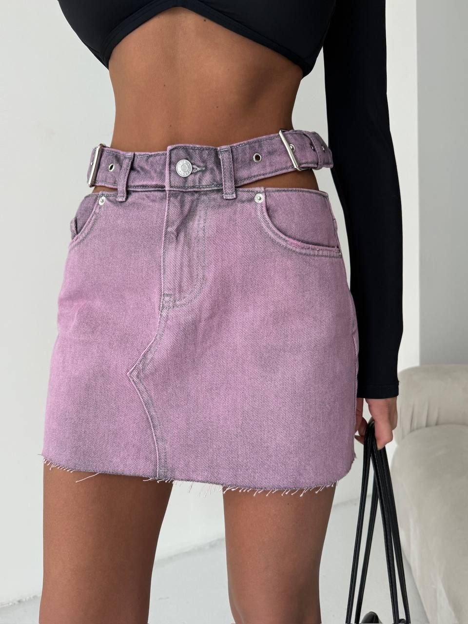 Kadın Cut-Out Detaylı Kemerli Jean Mini Etek - Tasarım Denim Etek