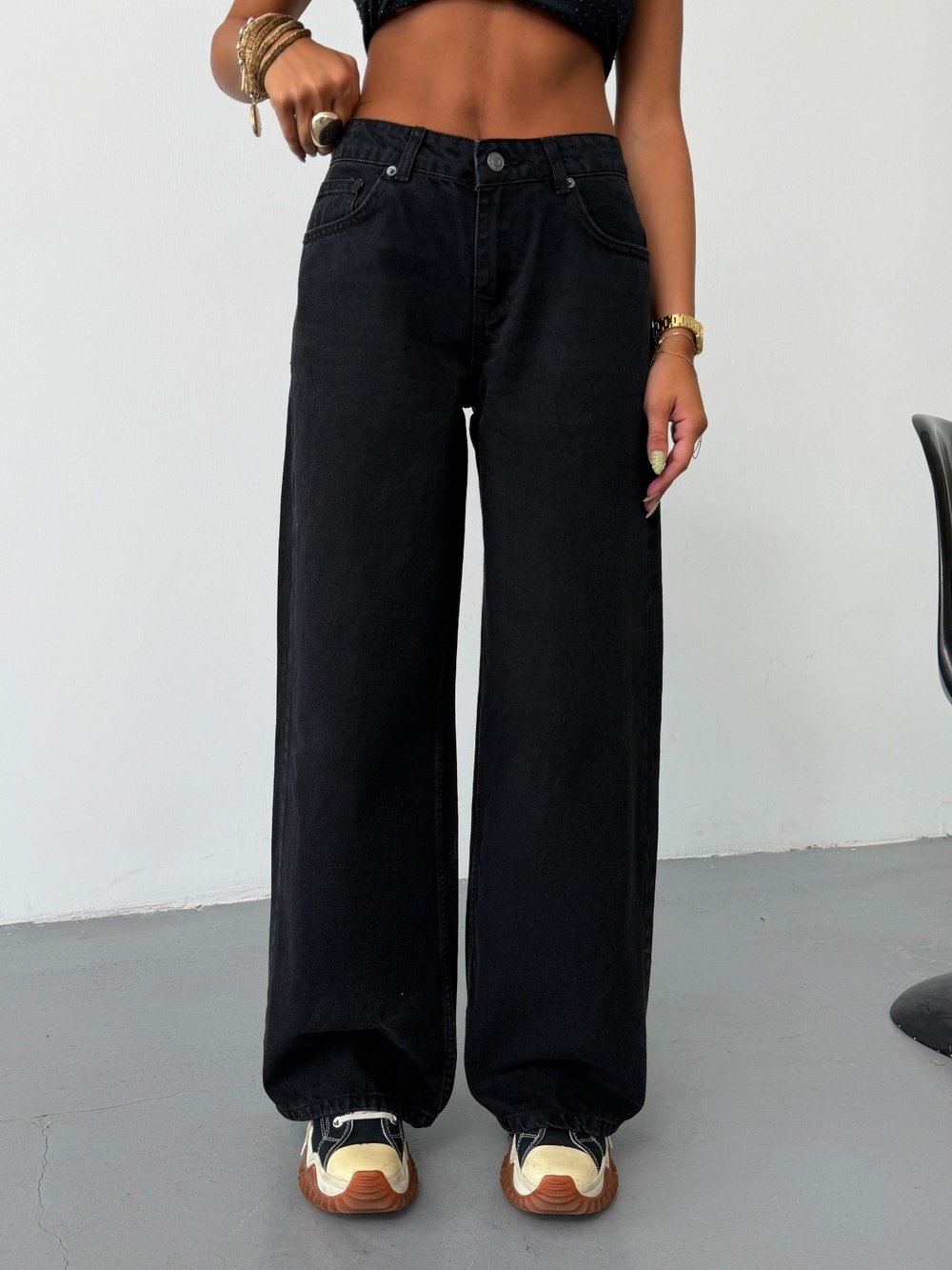 Kadın High Waist Rahat Kesim Dökümlü Wide Leg Jean Pantolon