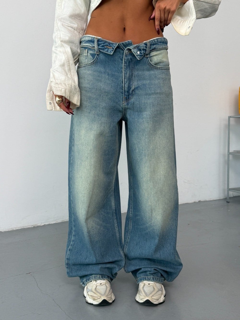 Kadın Katlama Bel Detaylı Baggy Wide Leg Bol Paça Jean Pantolon