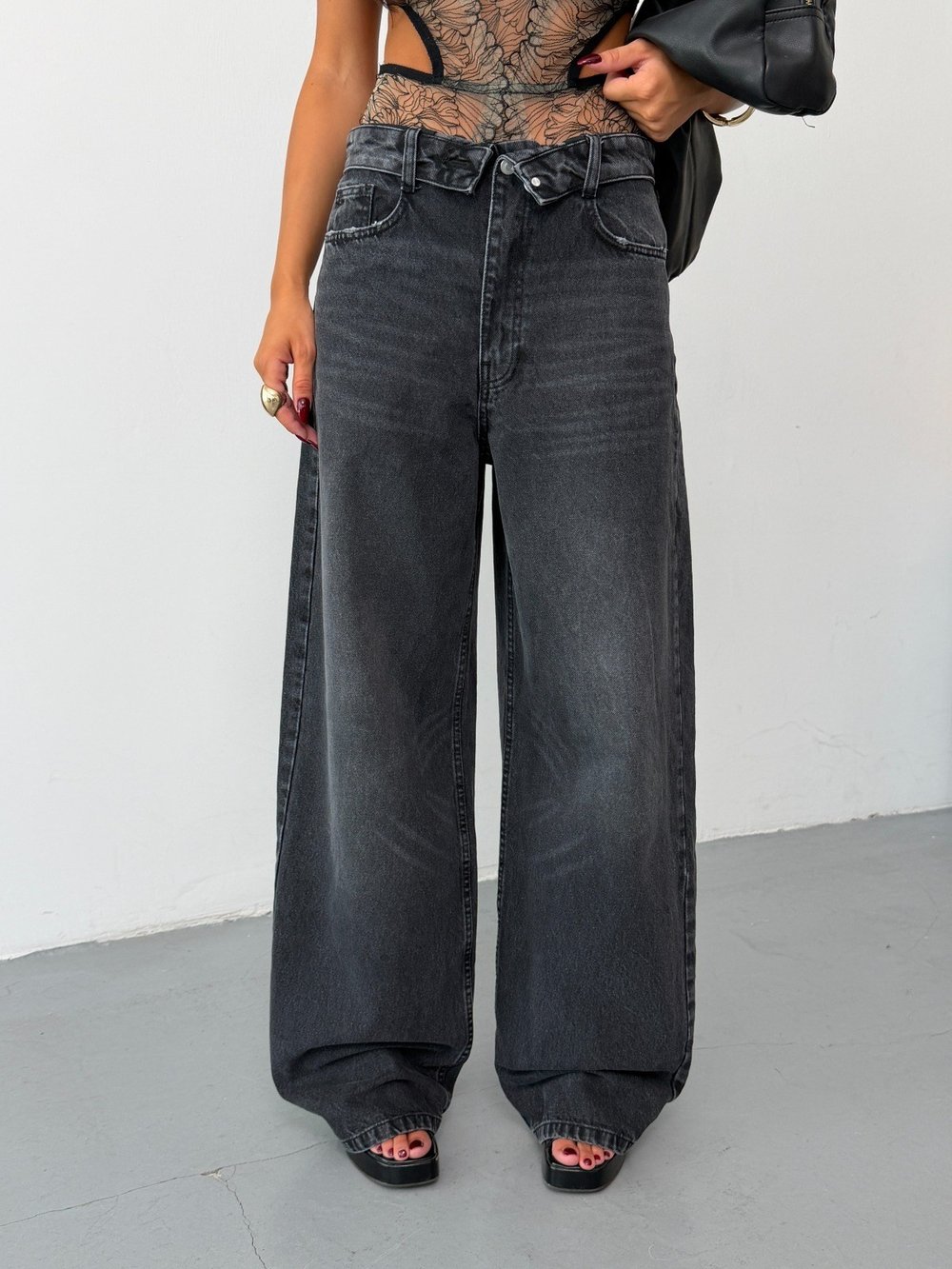 Kadın Katlama Bel Detaylı Baggy Wide Leg Bol Paça Jean Pantolon
