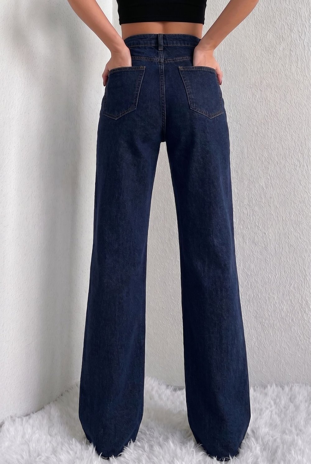 Kadın Koyu Lacivert Yüksek Bel Bol Paça Jean Pantolon