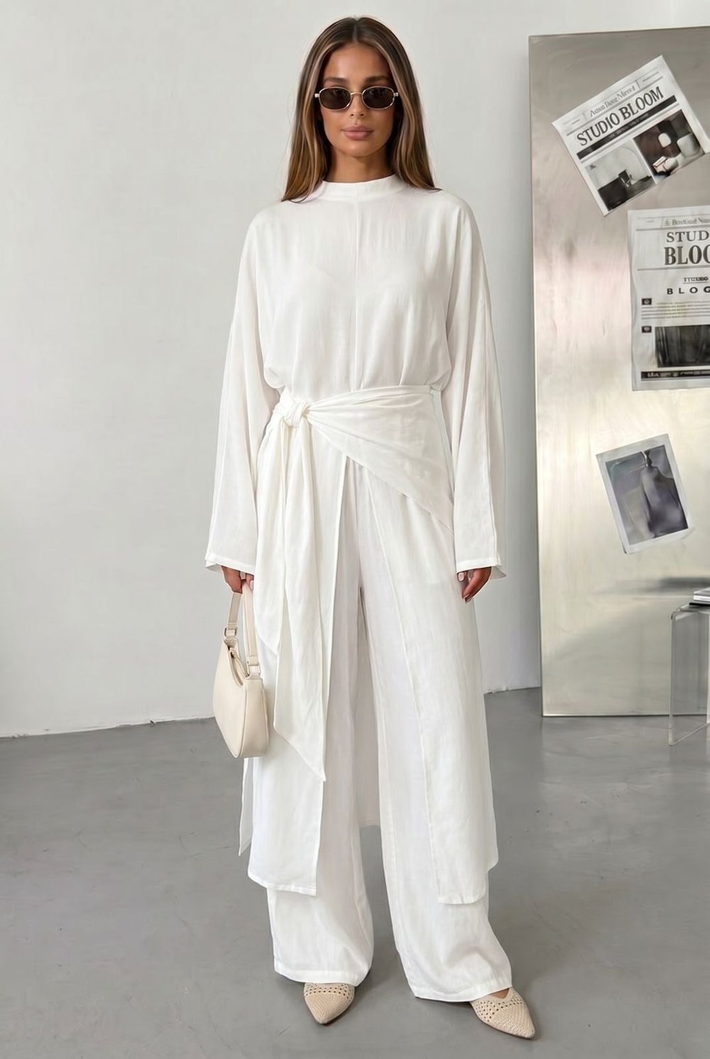 Kadın Kuşaklı Kimono Tunik Ve Geniş Paça Pantolon 3'lü Tesettür Takım