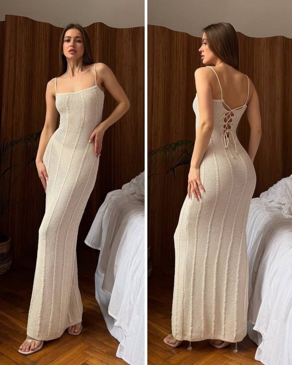 Kadın Örgü Triko Maxi yırtmaçlı Elbise ,Askılı ve bağcıklı  Uzun Yazlık Elbise