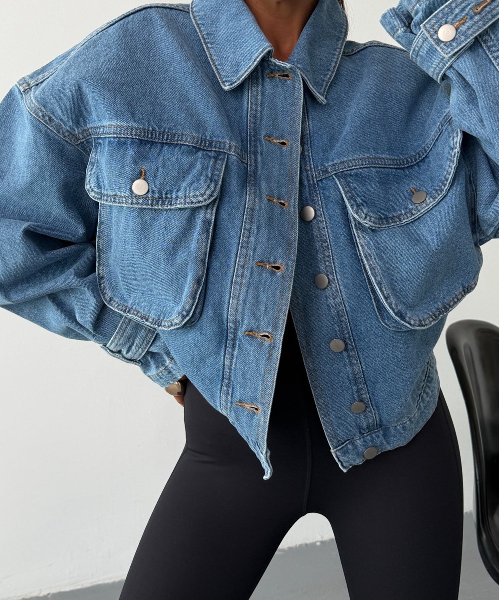Kadın Oversize Çift Cepli Crop Denim Ceket Gömlek