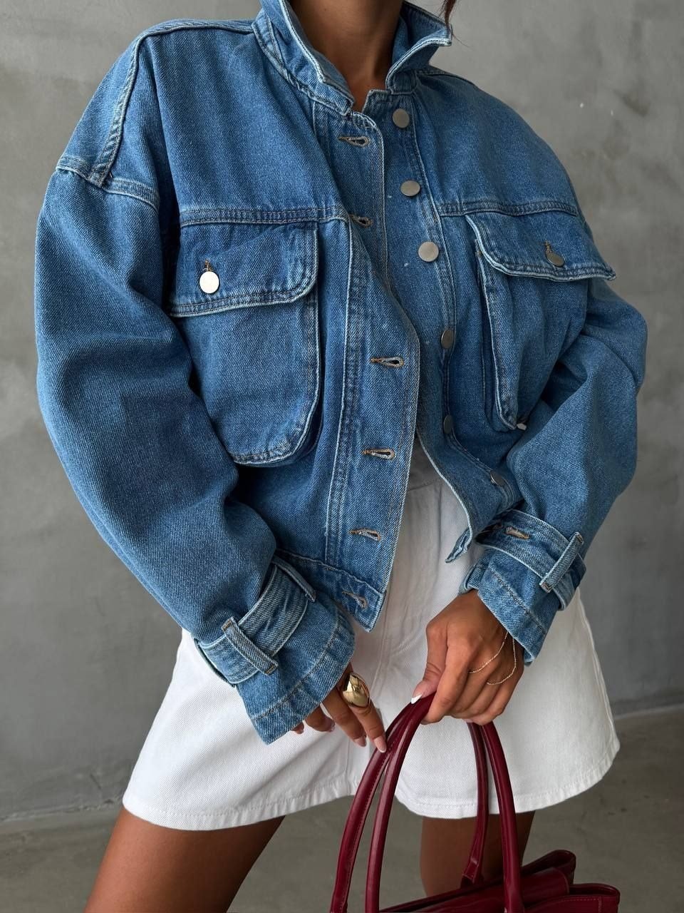 Kadın Oversize Çift Cepli Crop Denim Ceket Gömlek