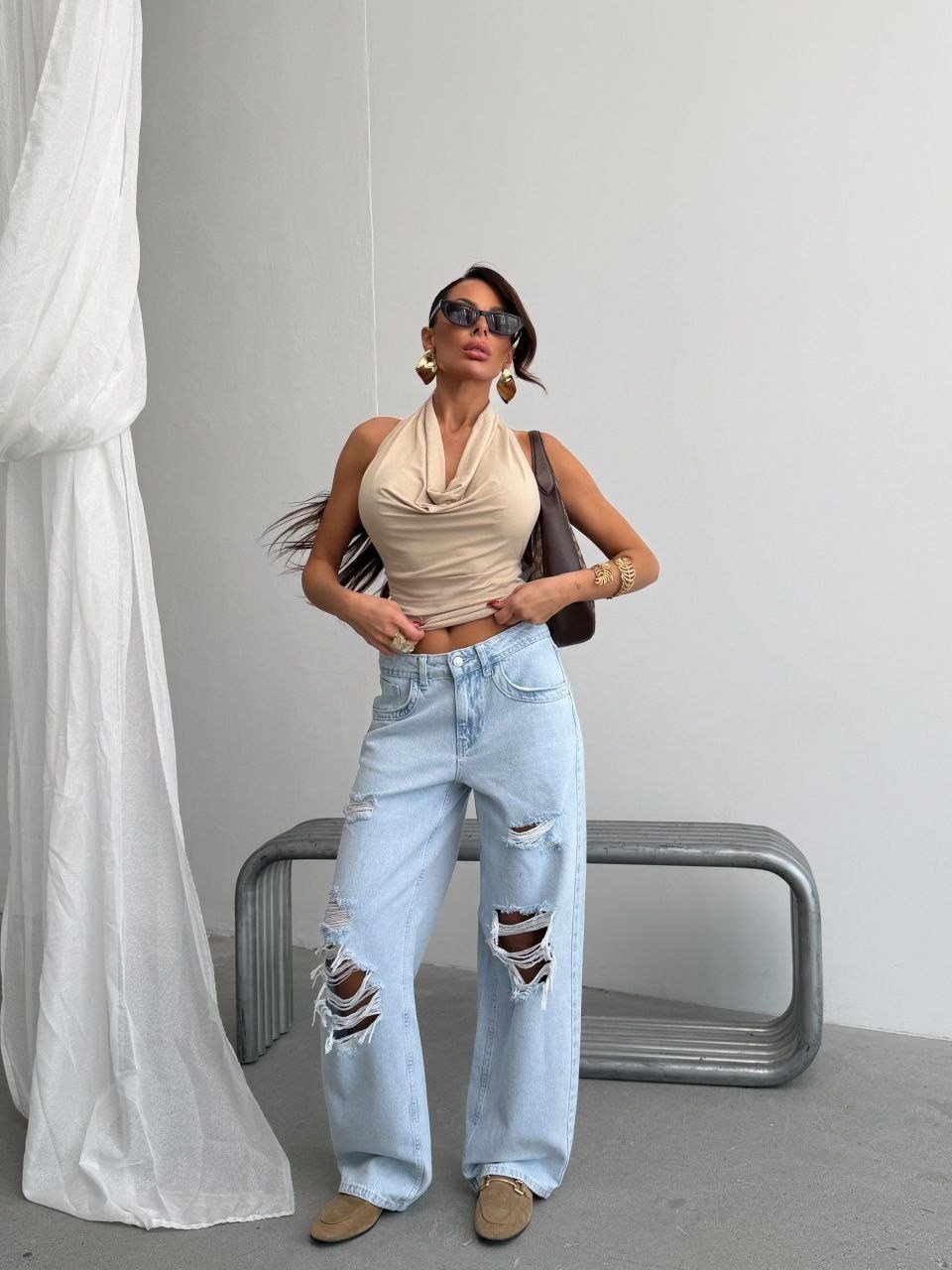 Kadın Yırtık Detaylı Wide Leg Bol Paça Pamuklu Jean Pantolon