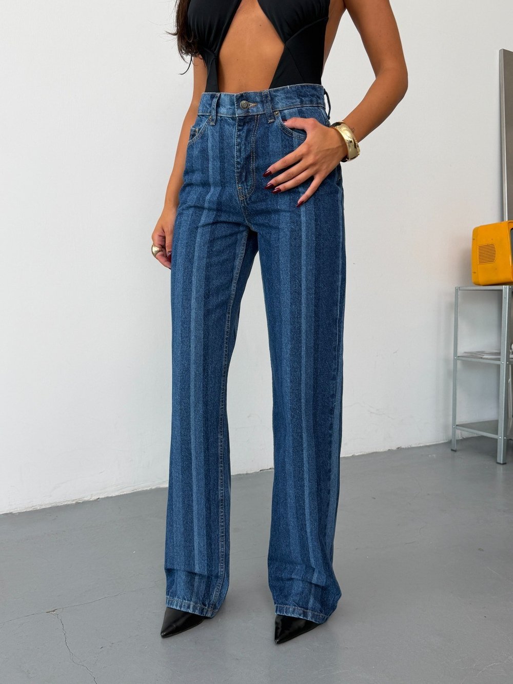Kadın Yüksek Bel Dikey Çizgili Çift Tonlu Wide Leg Düz Kesim Jean Pantolon