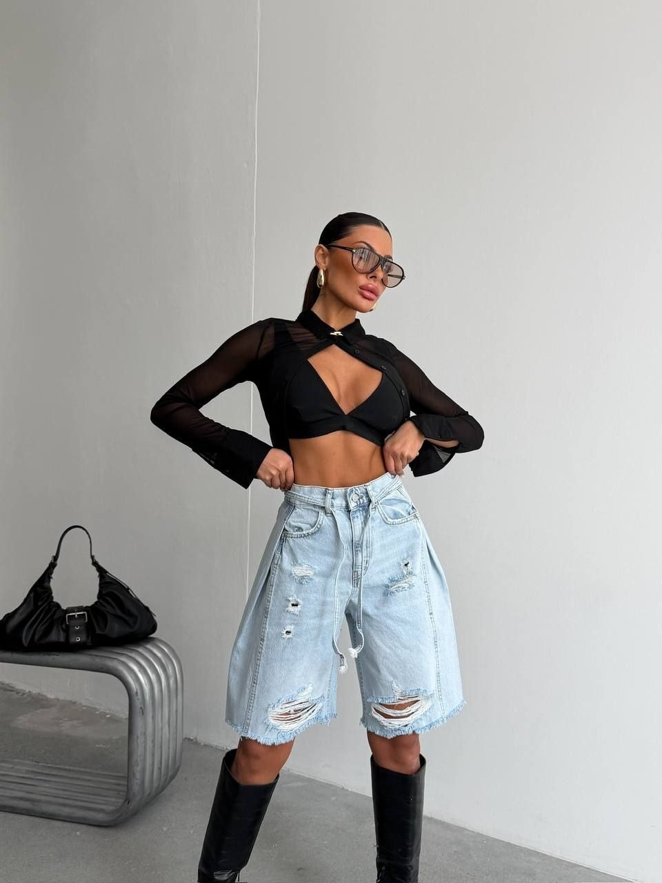 Kadın Yüksek Bel Duble Paça Pamuklu Denim Şort Kot Şort