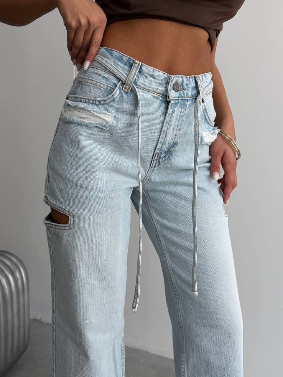 Kadın Yüksek Bel Pencereli Kesik Detaylı Wide Leg Denim Pantolon