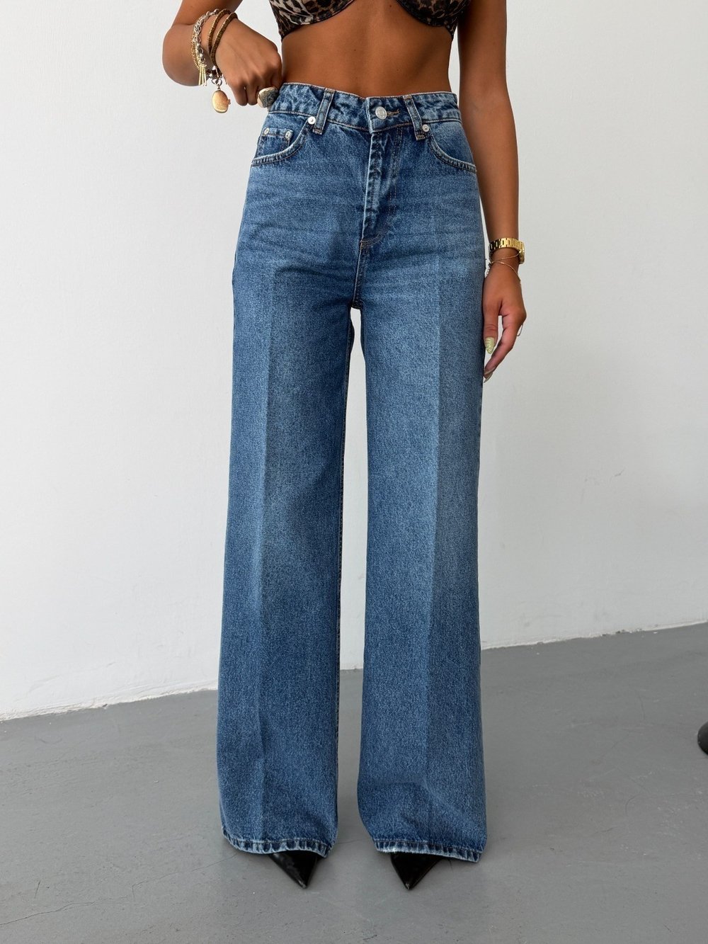 Kadın Yüksek Bel Ütü Izli Wide Leg Jean Pantolon Düz Kesim Denim
