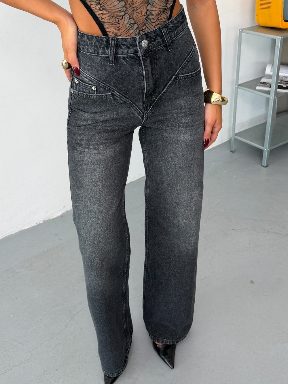 Kadın Yüksek Bel V Robalı Western Detaylı Wide Leg Düz Kesim Jean