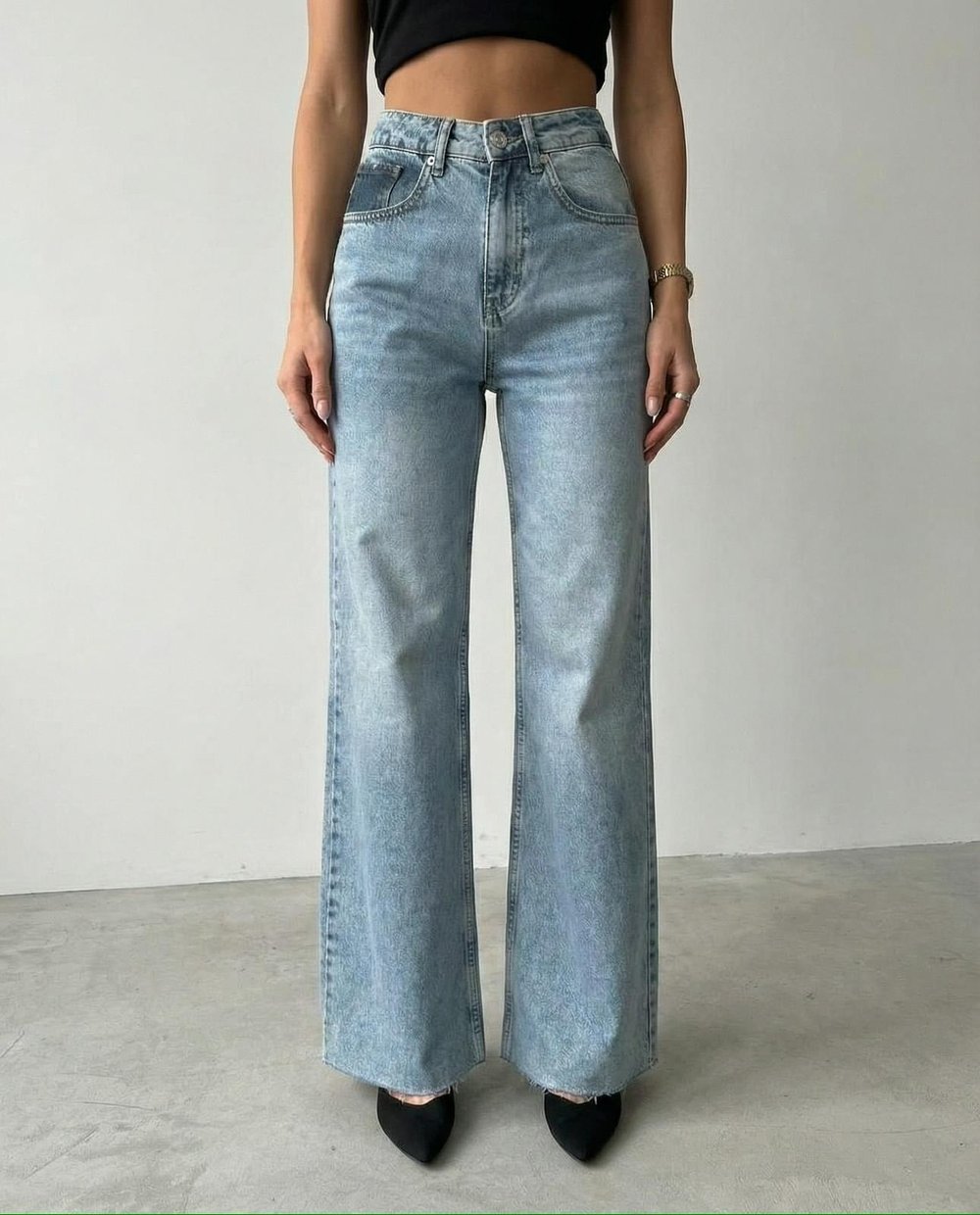 Kadın Yüksek Bel Wide Leg Jean - Önü Pencereli Yırtık Detaylı Geniş Paça Denim Pantolon