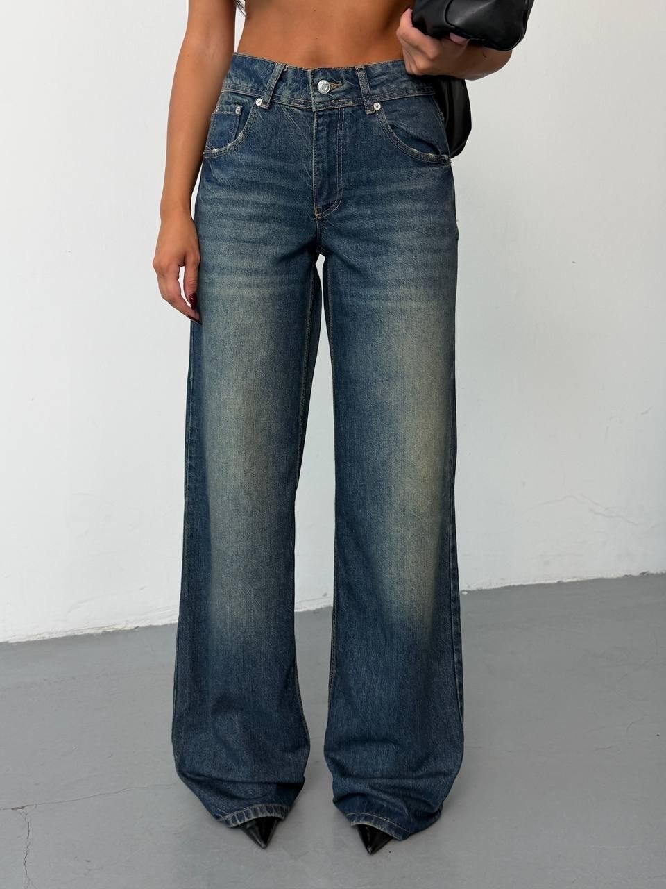 Kadın Yüksek Bel Wide Leg Vintage Yıkamalı Bol Kesim Jean Pantolon