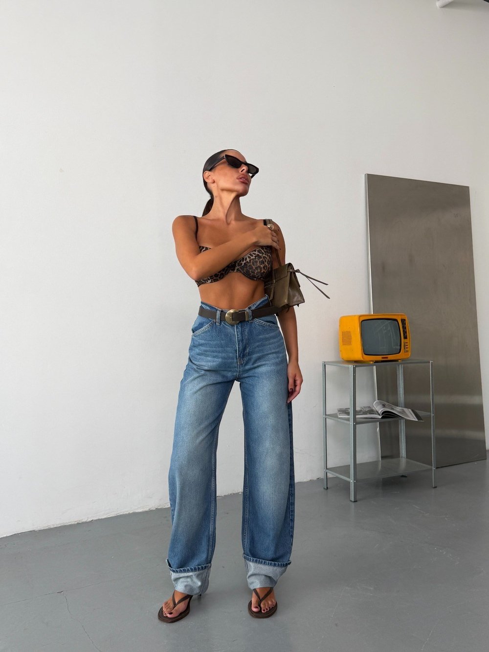 Kadın Yüksek Bel Yan Cepli Duble Paça Wide Leg Baggy Jean Pantolon