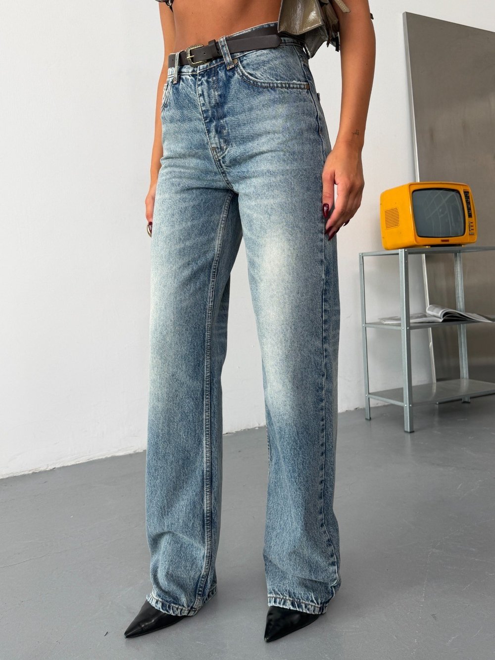 Kadın Yüksek Bel Yıkamalı Straight Wide Leg Düz Kesim Jean Pantolon