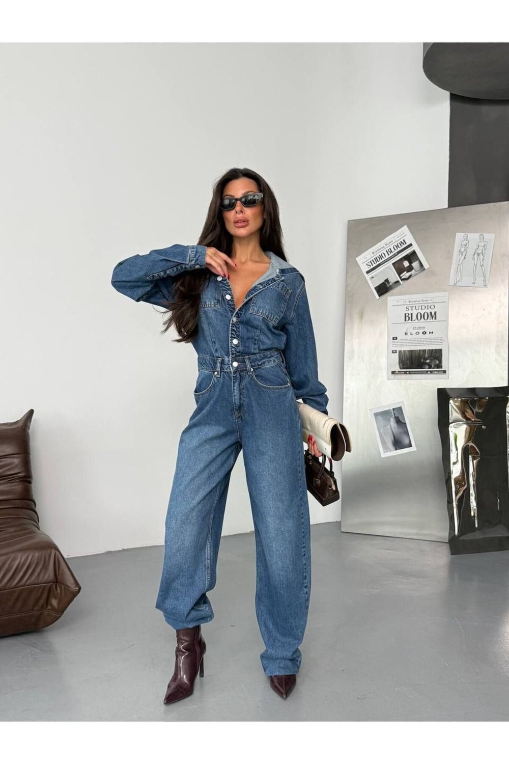Kapüşonlu Relax Fit Mavi Denim Tulum