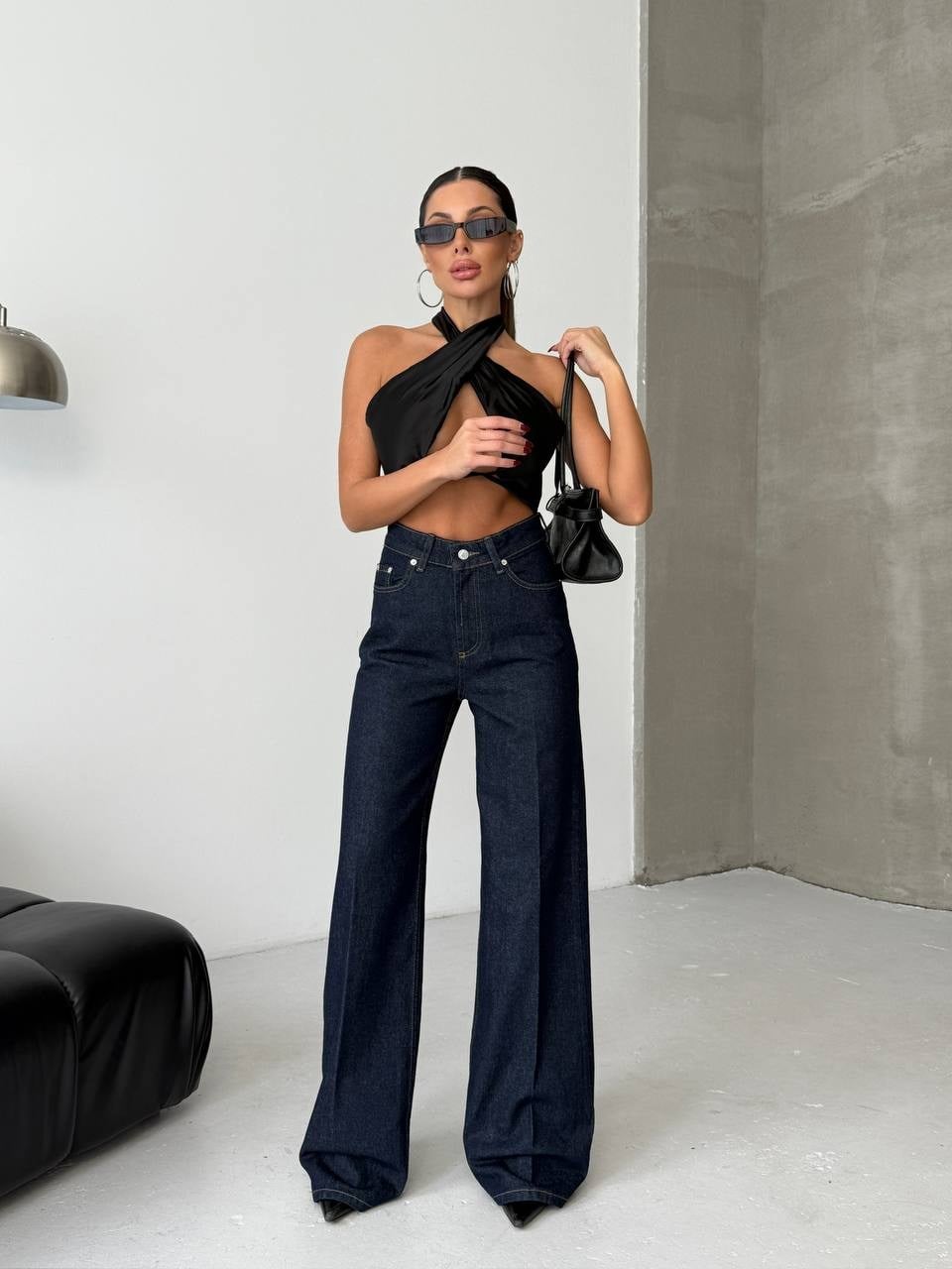 Koyu Denim Geniş Paça Yüksek Bel Pantolon