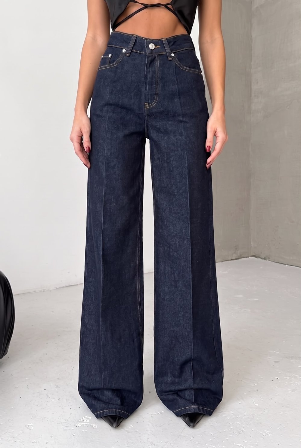 Koyu Denim Geniş Paça Yüksek Bel Pantolon