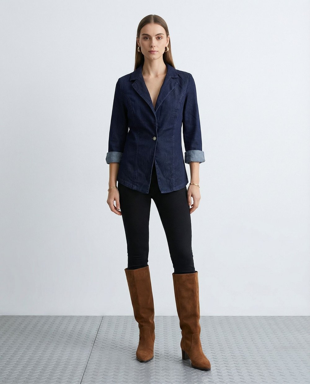 Lacivert Denim Blazer Ceket Slim Fit Şık Kadın Ceket Tek Düğmeli