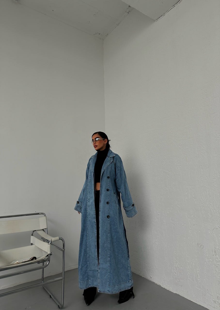 Oversize Denim Trençkot Arkası Yırtmaçlı Maks boy Pamuklu Kot Ceket Trençkot