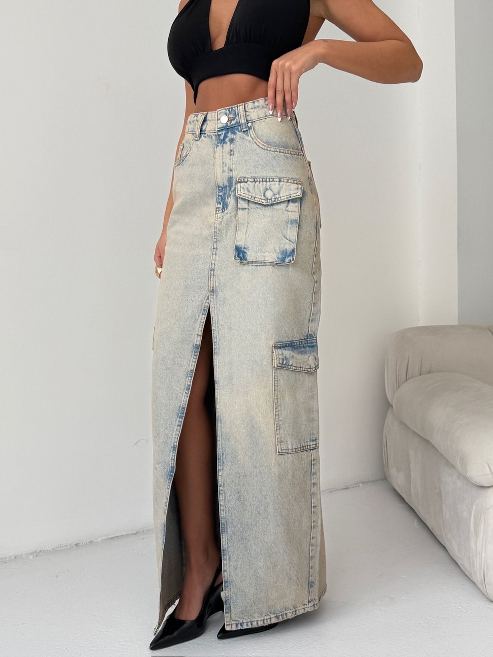 Yıkamalı Kargo Cep Detaylı Yırtmaçlı Maxi Jean Etek