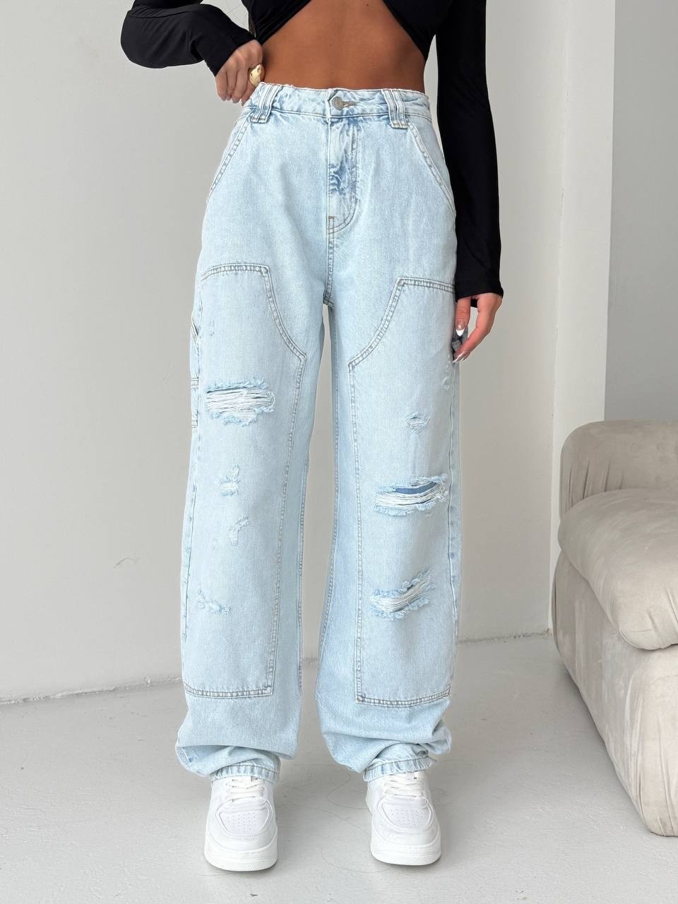 Yüksek Bel Dikişli ve Yırtık Detaylı Wide Leg Jean