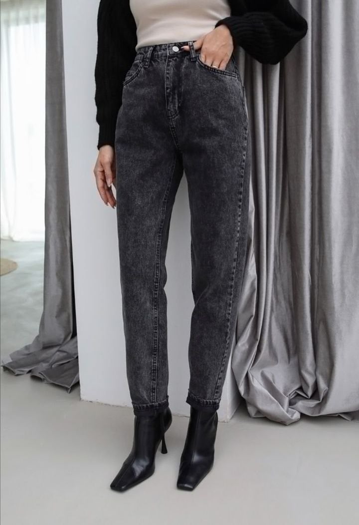 Yüksek Bel Füme Yıkamalı Mom Fit Denim Pantolon