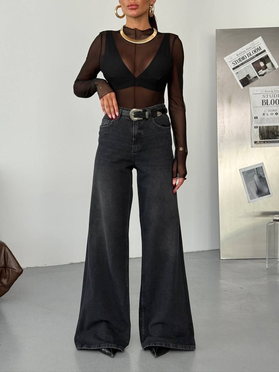 Yüksek Bel Geniş Paça Denim Jean Pantolon