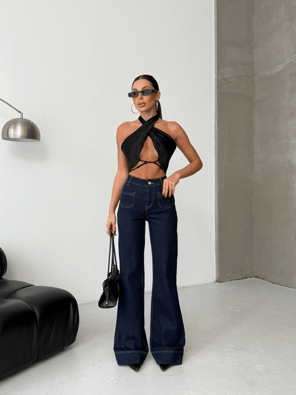 Yüksek Bel Geniş Paça Manşet Detaylı Kadın Denim Pantolon