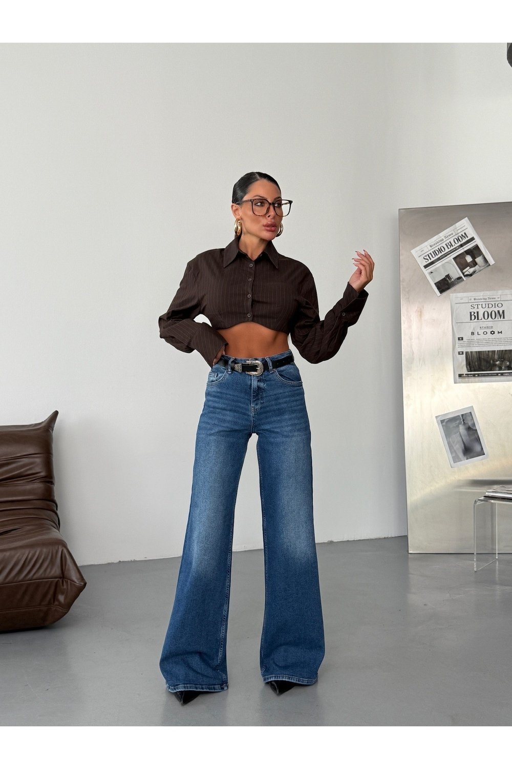 Yüksek Bel Geniş Paça Mavi Denim Jean Pantolon