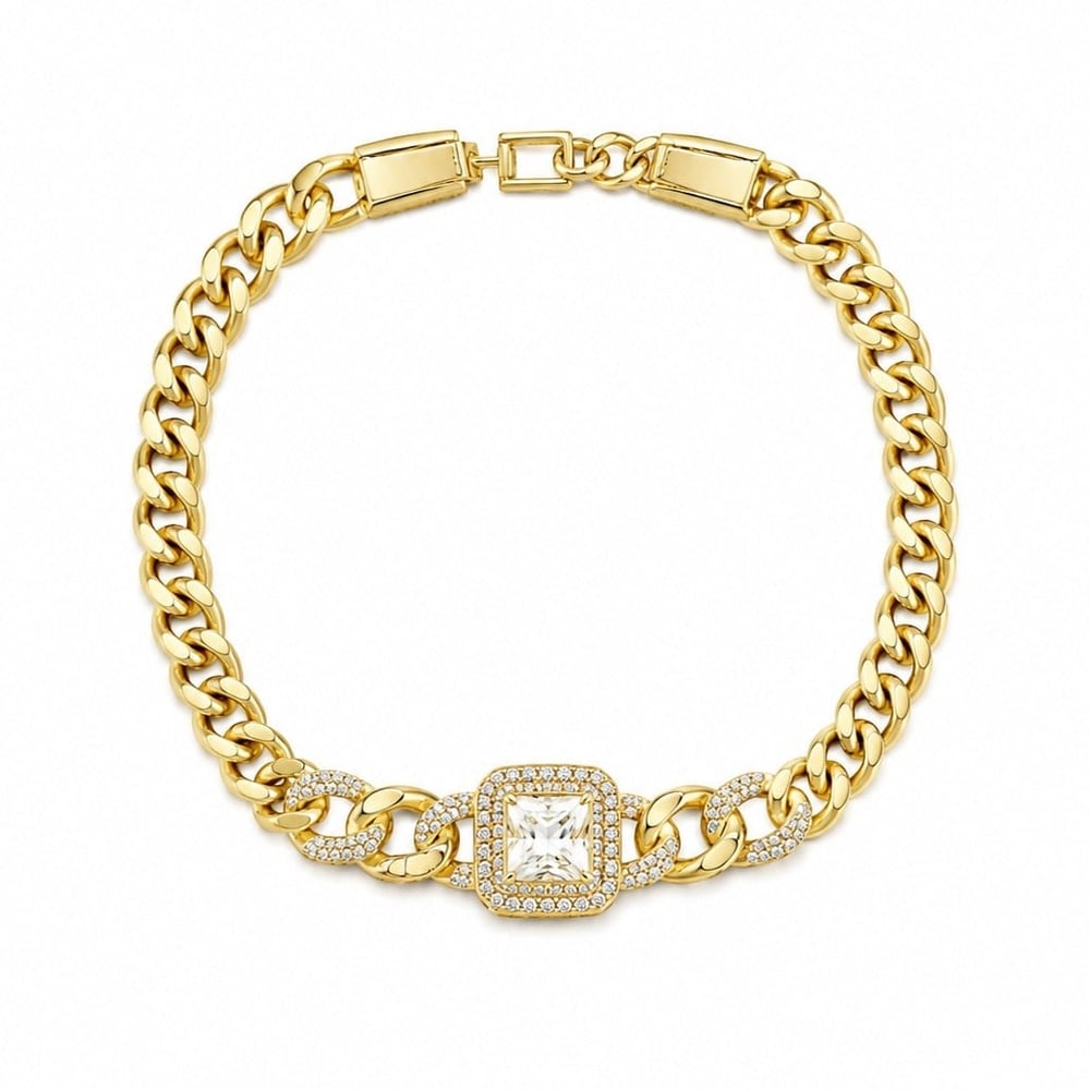 Altın Kaplama 14K Ortası Kare Baget Taşlı Gold Bileklik