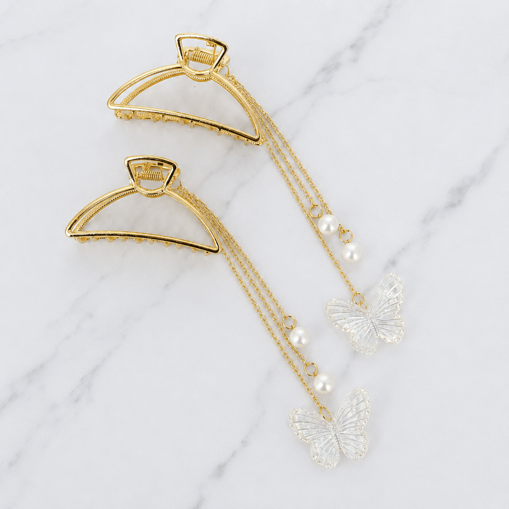 D Model Kelebek Sallantılı ve İncili Gold Metal Mandal Toka (7.5 cm)