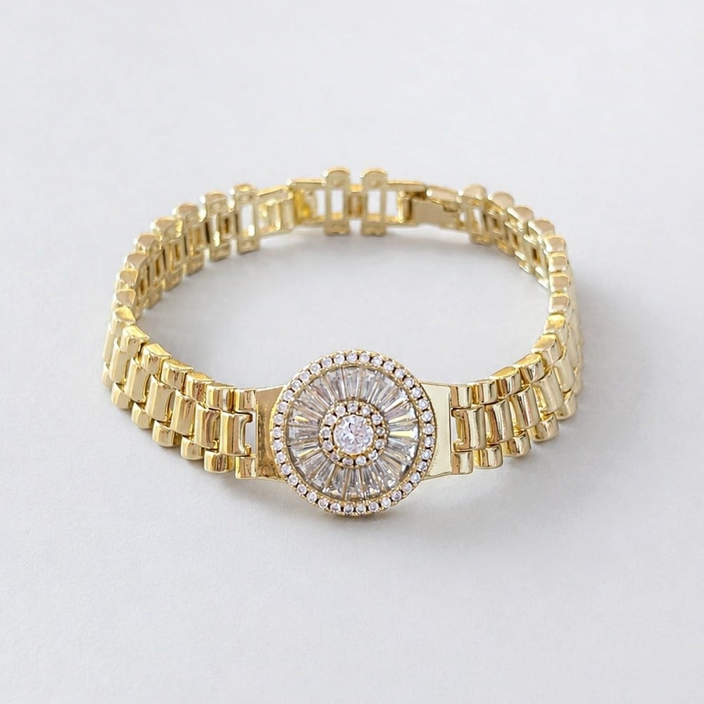 Özel Seri 14K Baget Zirkon Taşlı Saat Kordon Model Gold Bileklik