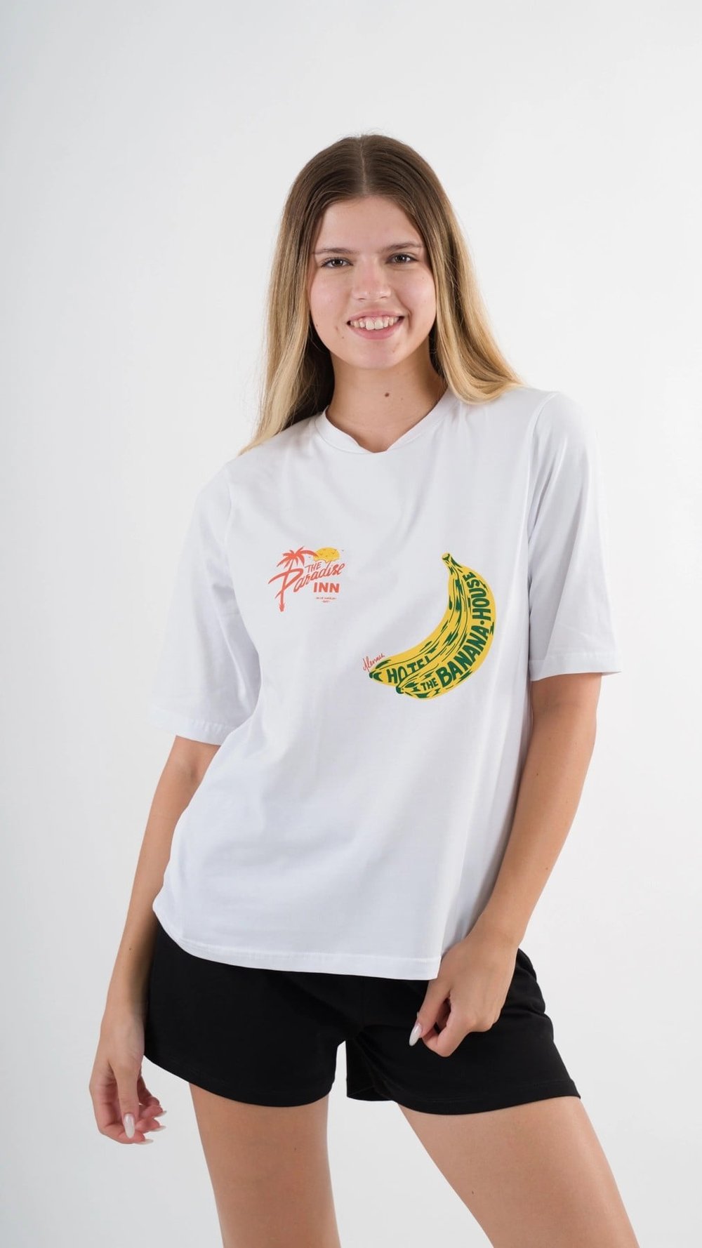 Kadın Beyaz Sarı Banana House Baskılı Bisiklet Yaka T-Shirt HZL24S-YY302