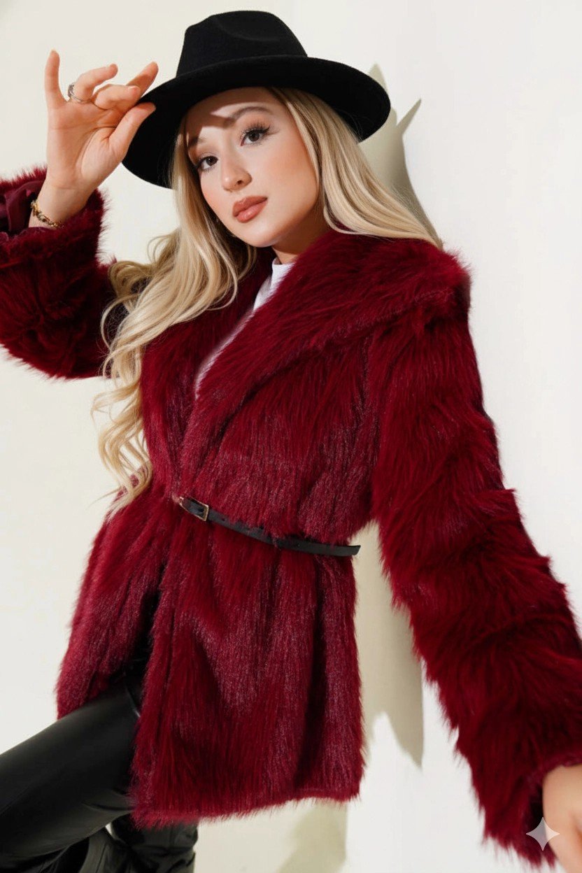 Kadın Bordo Kemer Detaylı Astarlı Peluş Kürk Mont HZL25W-BD191561