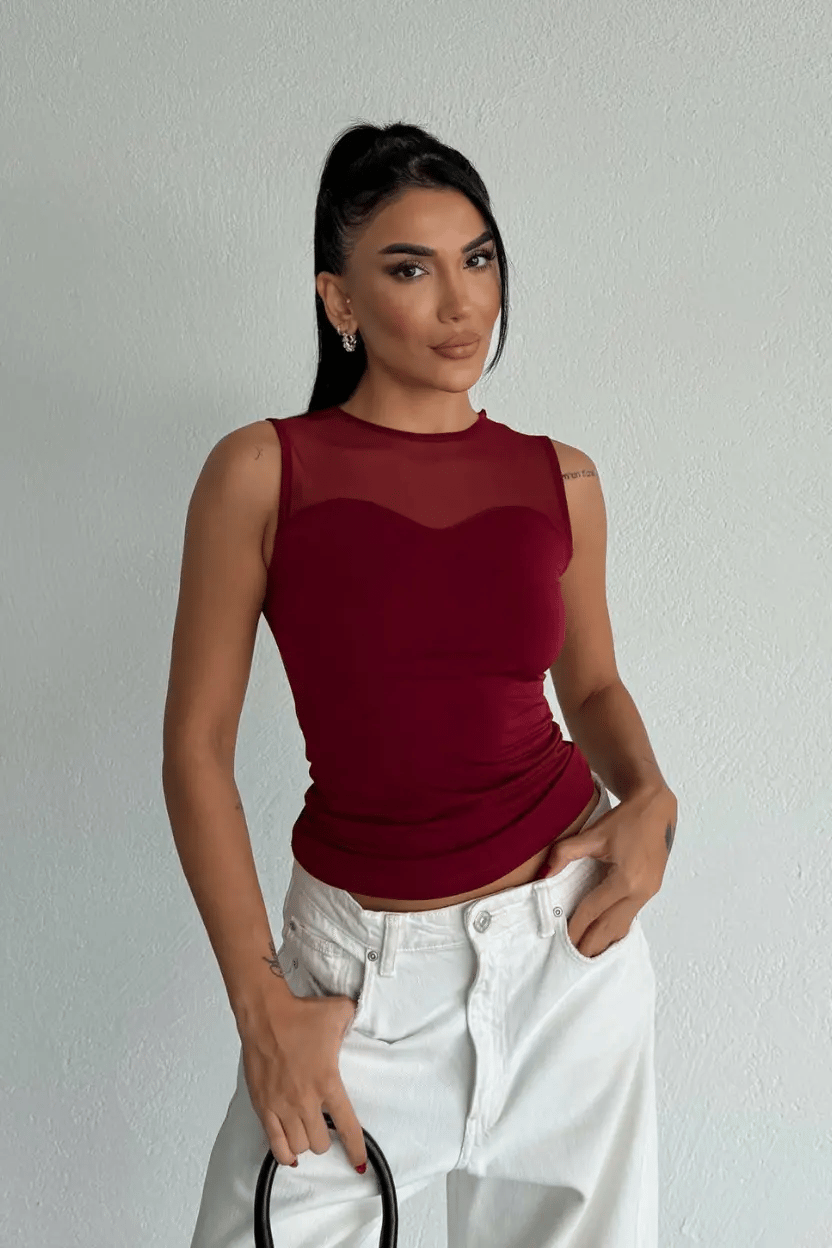 Kadın Bordo Kolsuz Likralı Tül Detay Sandy Bluz HZL26W-FRY123721