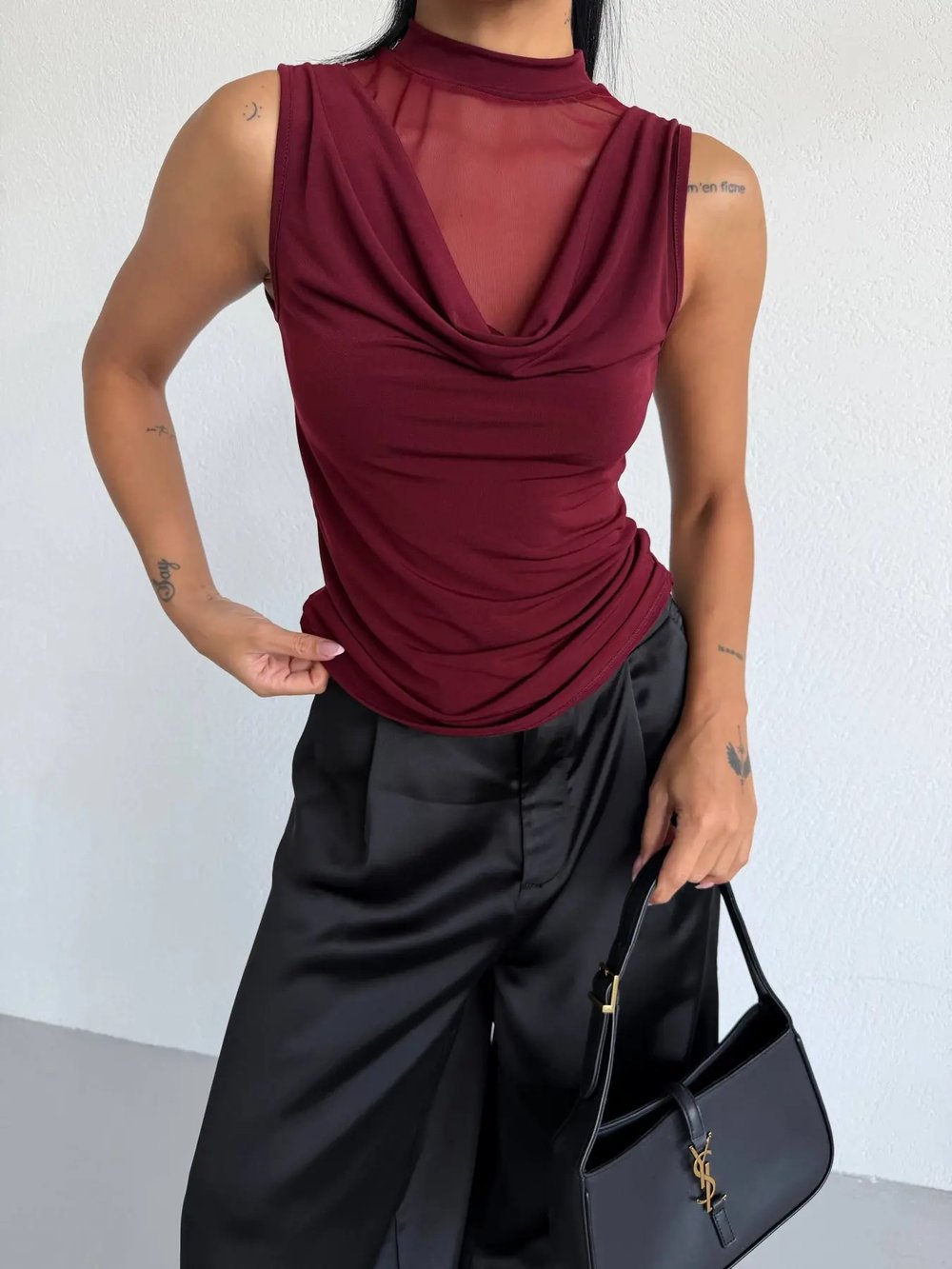Kadın Bordo Tül Detay Degaje Yaka Yanlardan Drapeli Sandy Bluz HZL26S-FRY123791