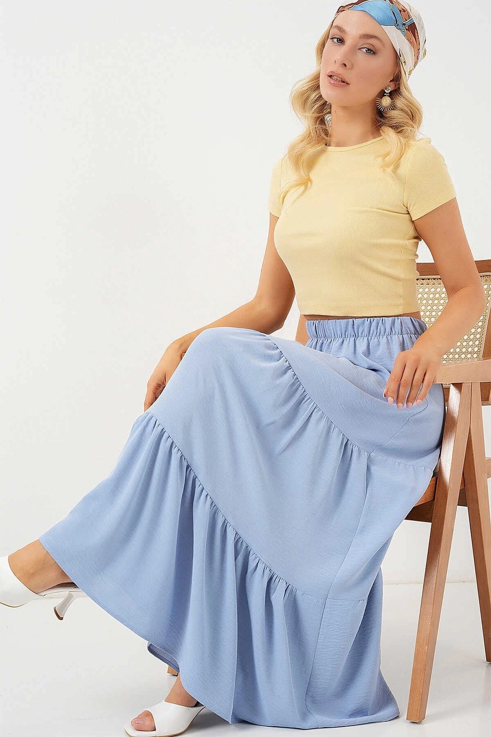 Kadın Buz Mavi Beli Lastikli Ayrobin Uzun Etek HZL25S-BD180481