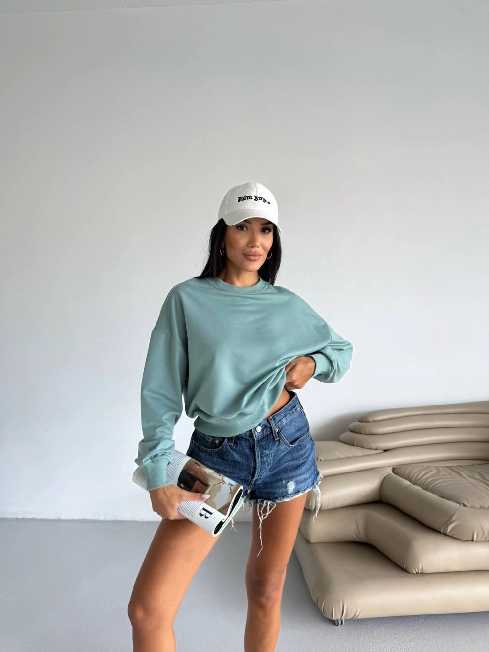 Kadın Çağla Yeşil Bisiklet Yaka 2 İplik Sweatshirt HZL25W-FRY123391