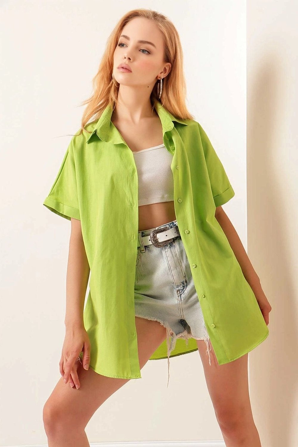 Kadın Fıstık Yeşili Oversize Uzun Kısa Kollu Basic Poplin Gömlek HZL22S-BD1201201