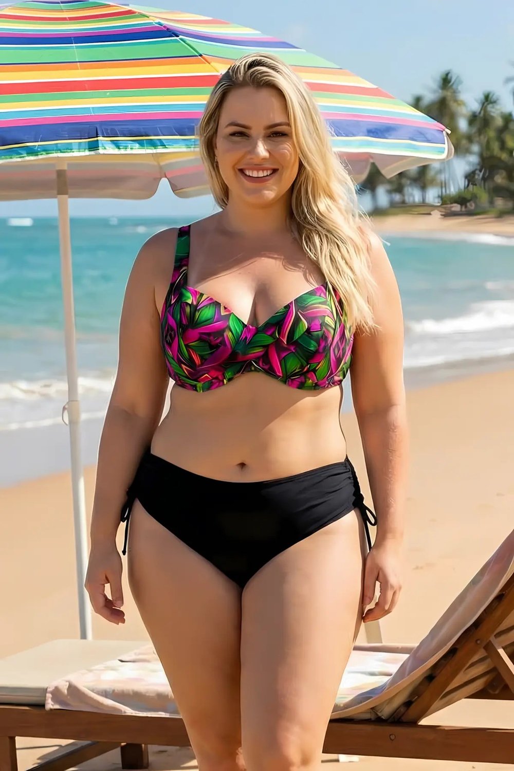 Kadın Fuşya Siyah Desenli Toparlayıcı Balenli Büyük Beden Bikini Takımı HZL26S-LC2519