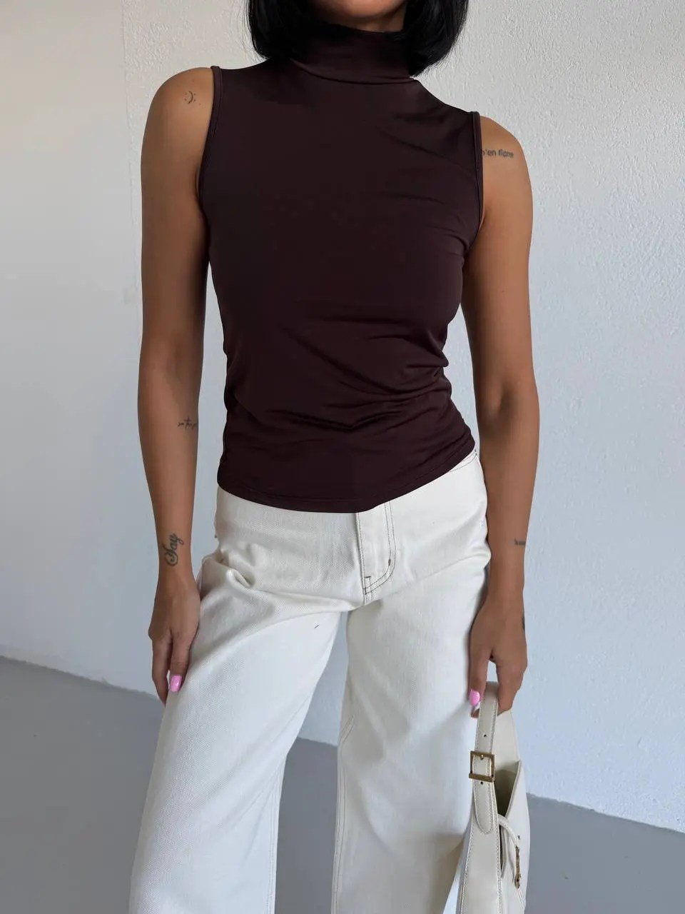Kadın Kahverengi Balıkçı Yaka Sıfır Kol Sandy Crop Bluz HZL26S-FRY123931