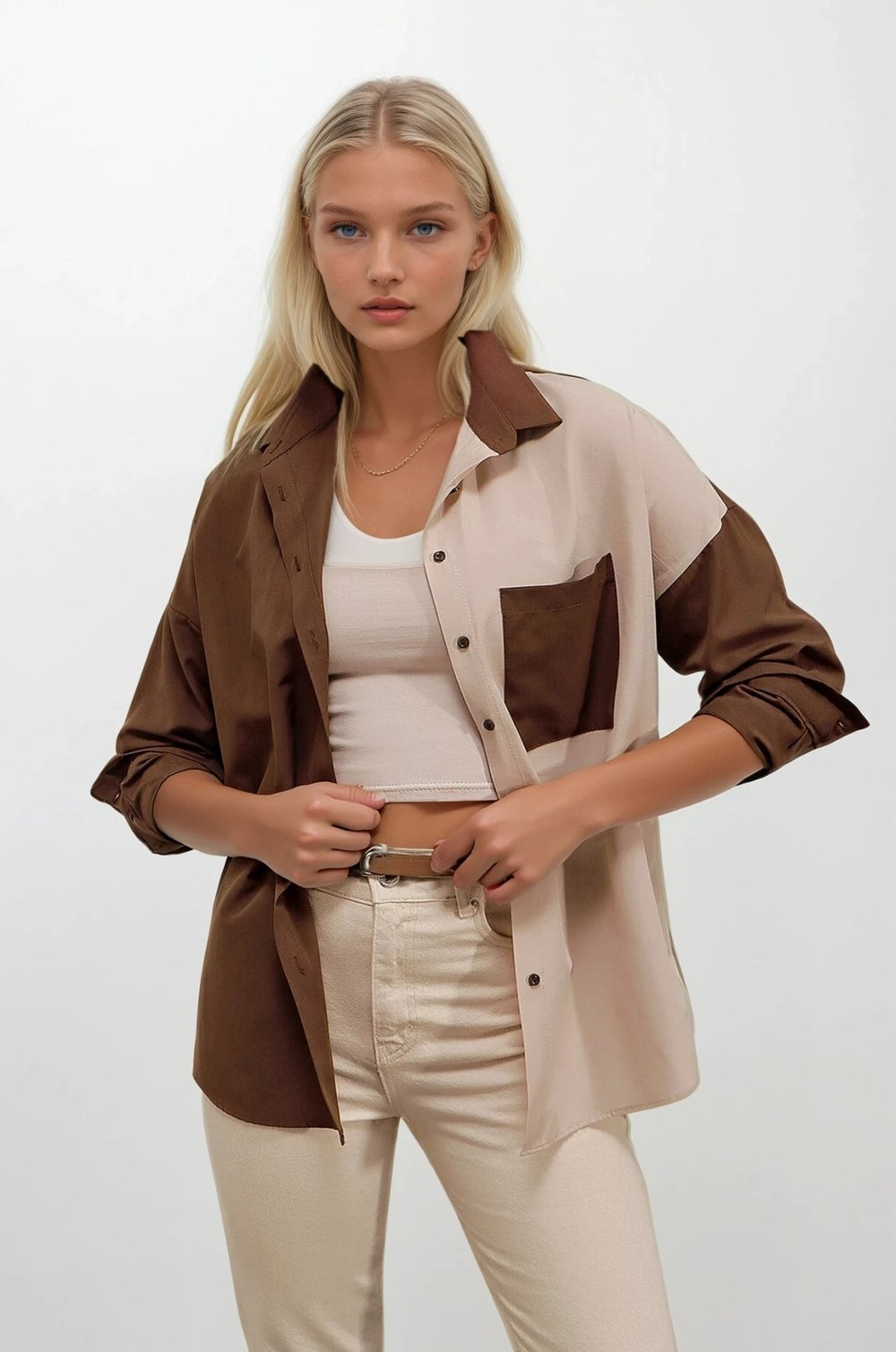 Kadın Kahverengi Krem Renk Bloklu  Poplin Basic Gömlek HZL22S-BD1201161