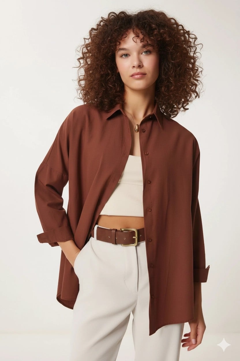 Kadın Kahverengi Oversize Uzun Basic Gömlek Hzl22w-bd139001