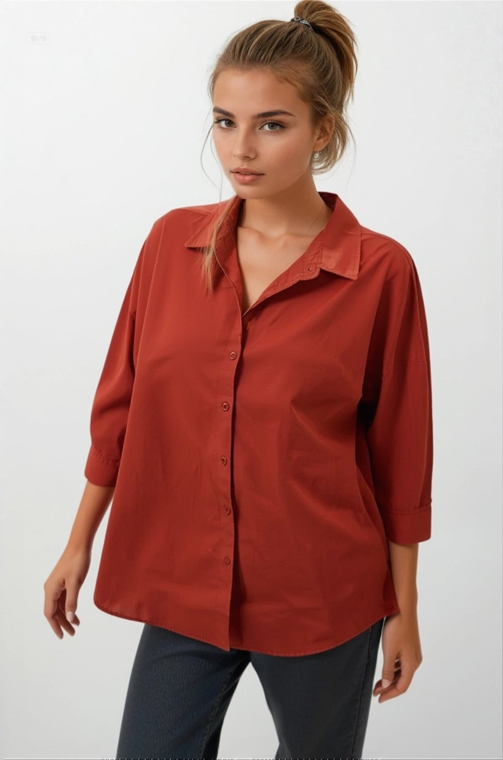 Kadın Kiremit Oversize Uzun Basic Gömlek HZL22W-BD139001