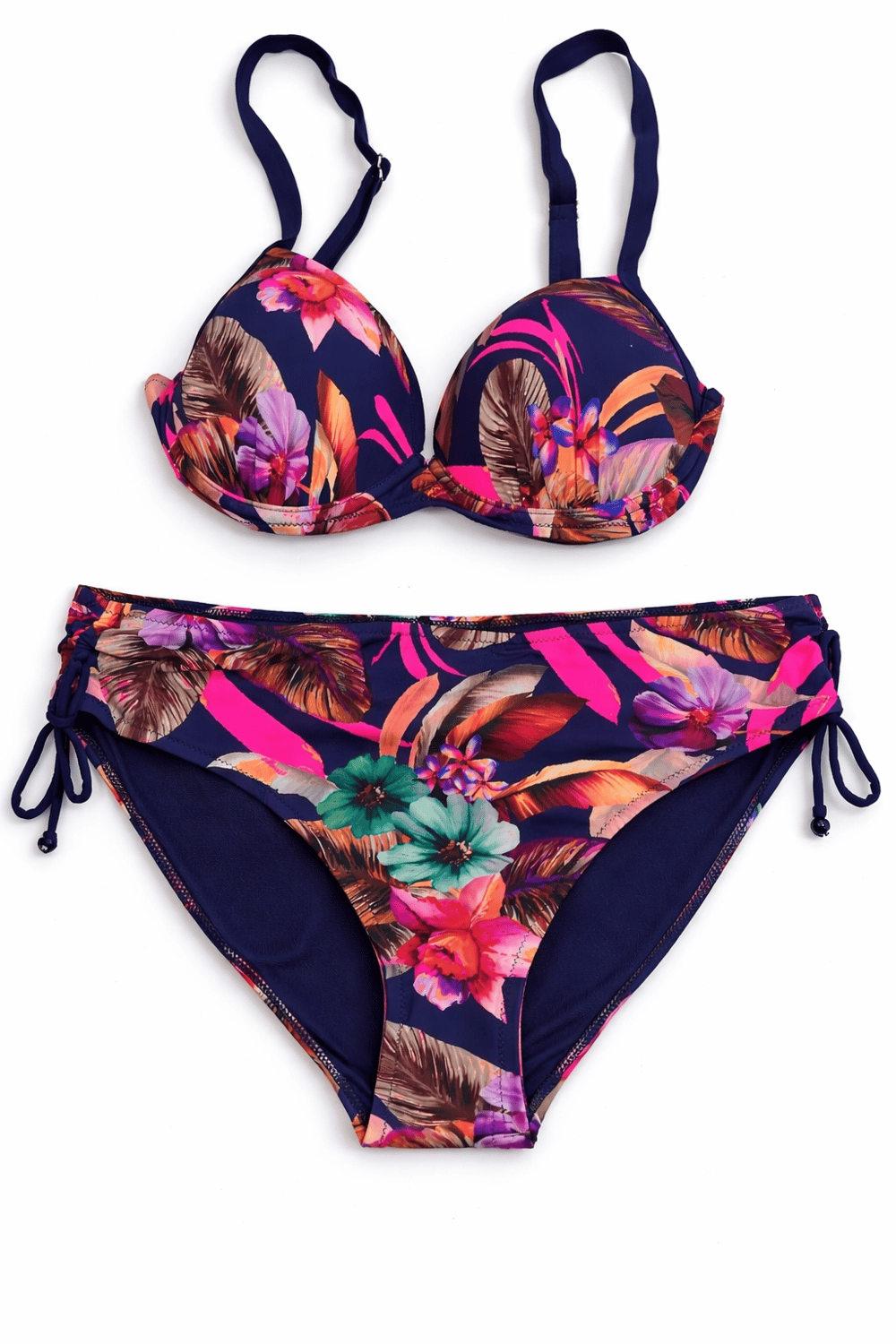 Kadın Lacivert Yaprak Desenli Askılı Yüksek Bel Toparlayıcı Bikini Takım HZL24S-LC22625