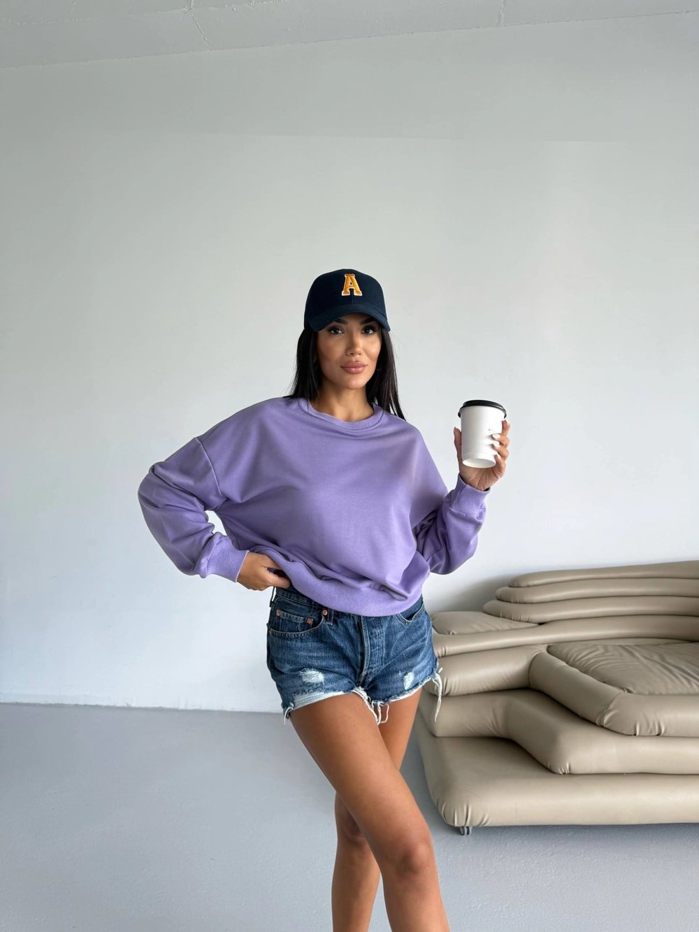 Kadın Lila Bisiklet Yaka 2 İplik Sweatshirt HZL25W-FRY123391