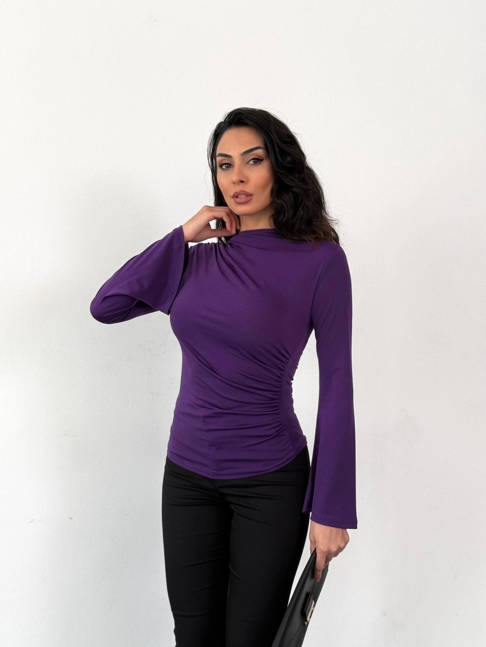Kadın Mor Drape Detaylı İspanyol Kol Sany Bluz HZL25W-FRY123431